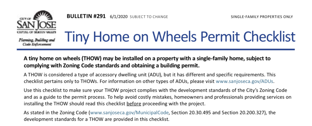 San Jose Tiny Home On Wheels Permit Checklist 